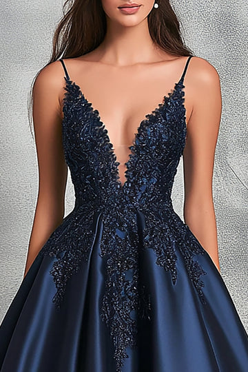 Glitter Navy A-Line Spaghetti Straps Satin Ball Gown Dress with Appliques